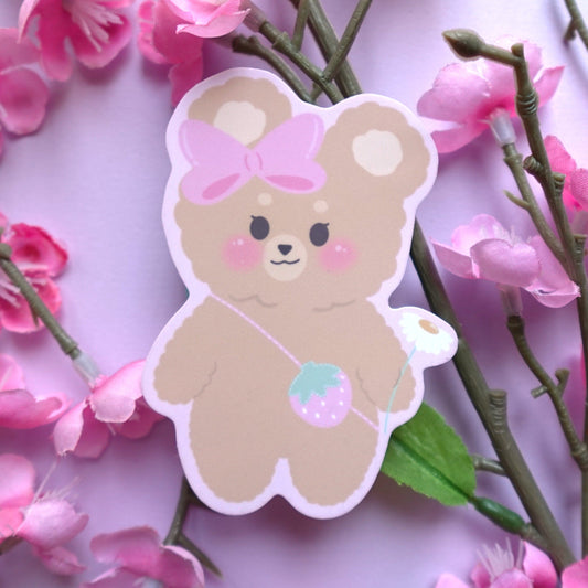 Ribbon Bear With Strawberry Purse | Vinyl Sticker